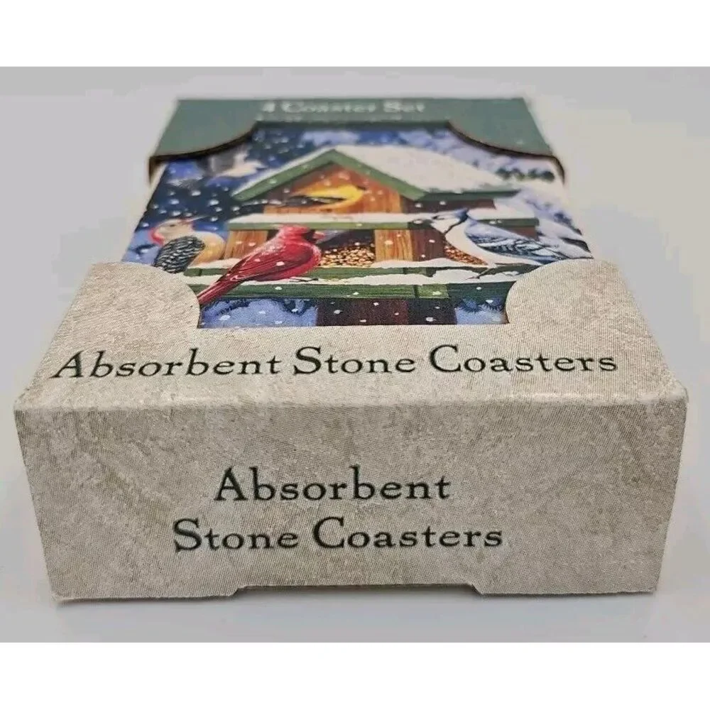 AbsorbaStone Coasters Cardinal & Birds‎ on Feeder In Winter Snow Set of 4 C-812